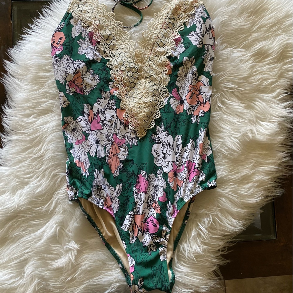 Sea Angel Size Medium One Piece Bathing Suit Pink and Green Flower Print
